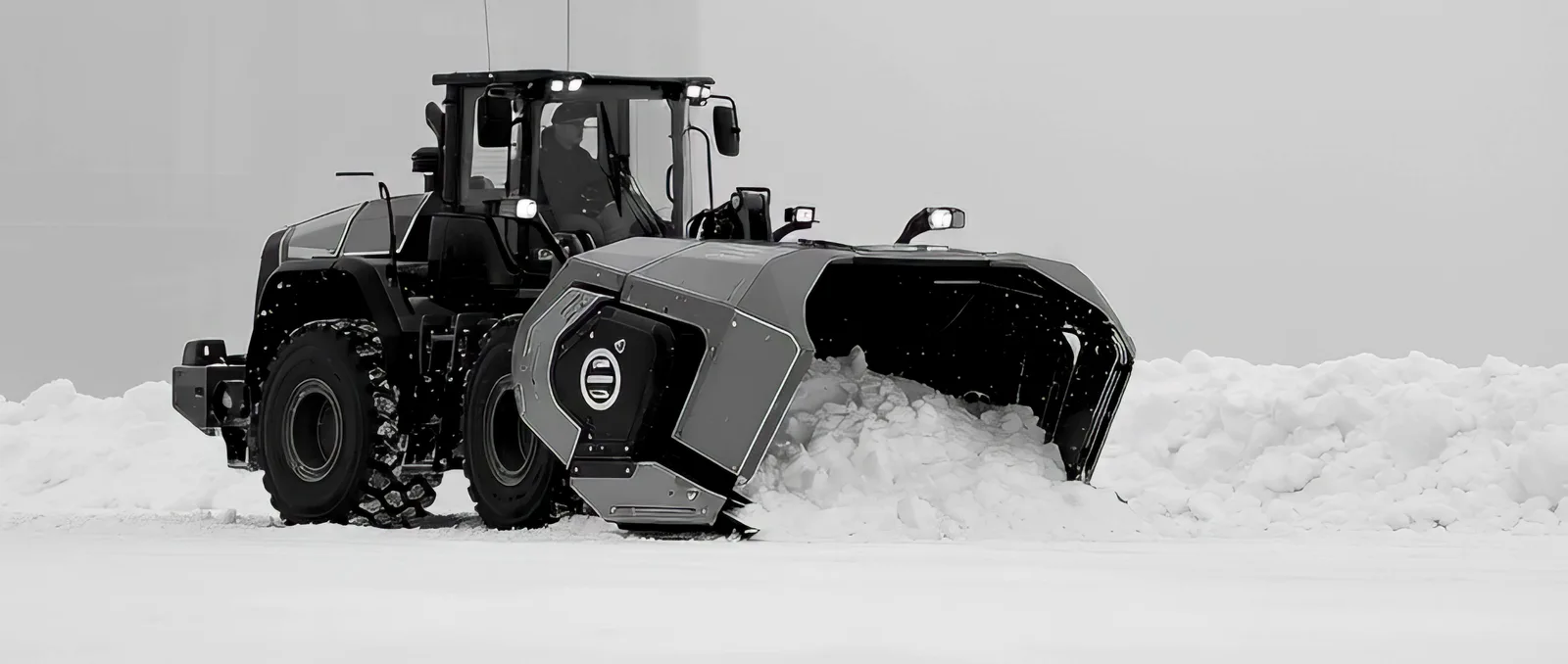 Wheel loader with a box snow pusher driving into a pile of snow, flat overcast light.