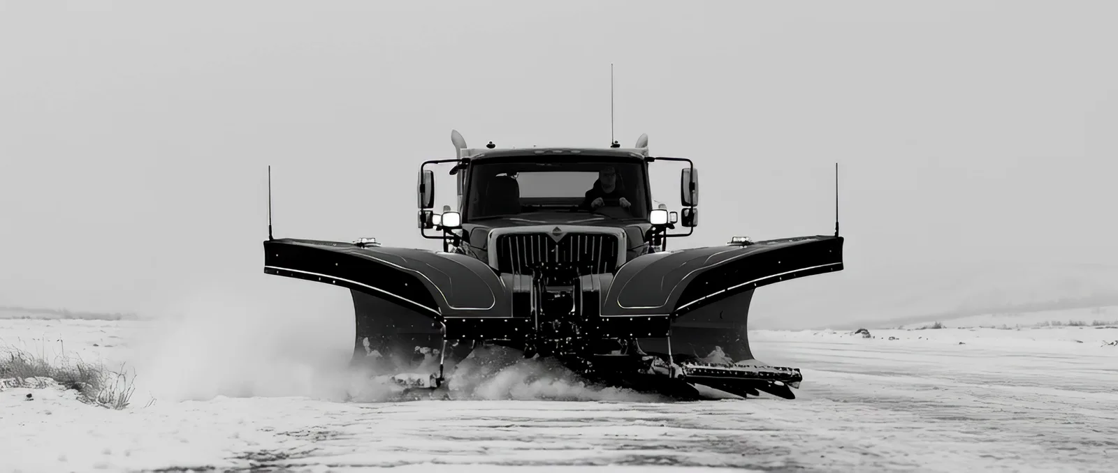 Truck with a V-plow crossing an open, empty plain under flat overcast light.